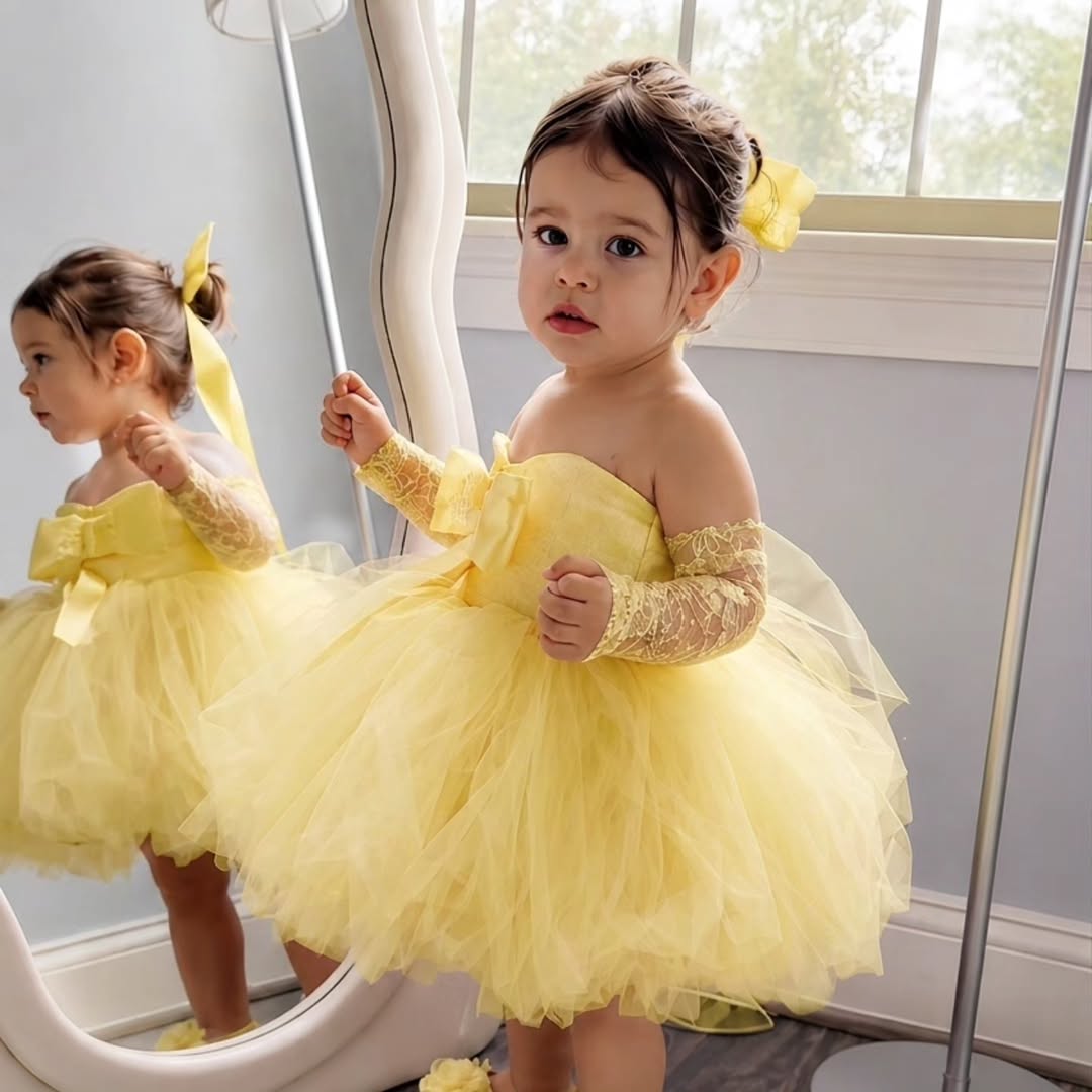 Embroidery Yellow Flower - Prinzessin Gelbes Blumenmädchenkleid für Hochzeit, schulterfrei,