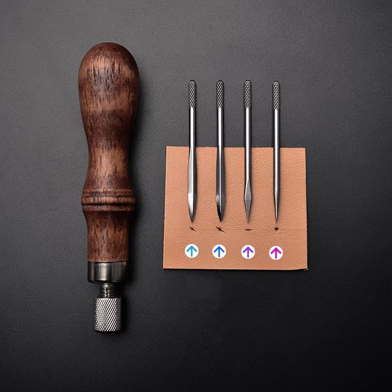 Punch Needle Handle - 4-in-1 Leder-Stanzset mit Holzgriff - 4