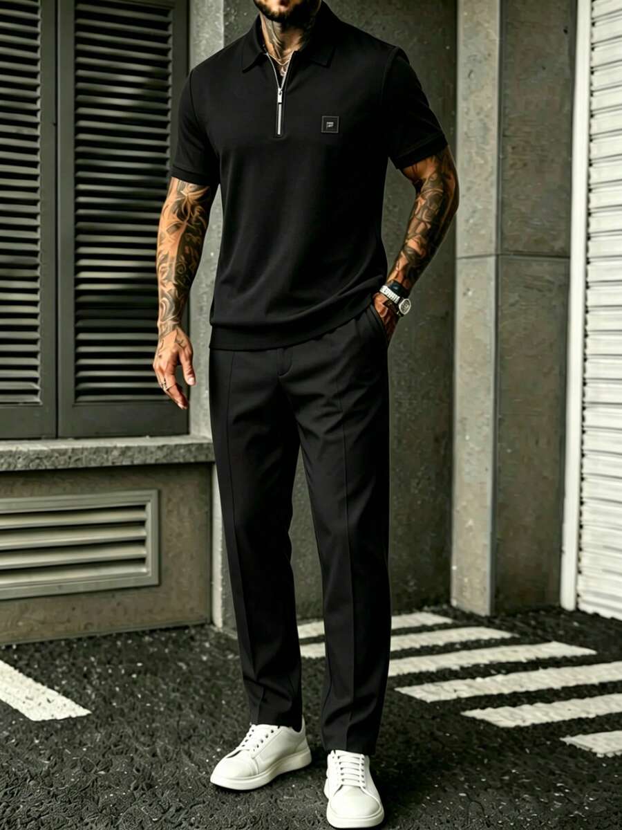 Embroidery Men Shirt - Herren-Set aus schwarzem Kurzarm-Reißverschluss-Shirt und Hose
