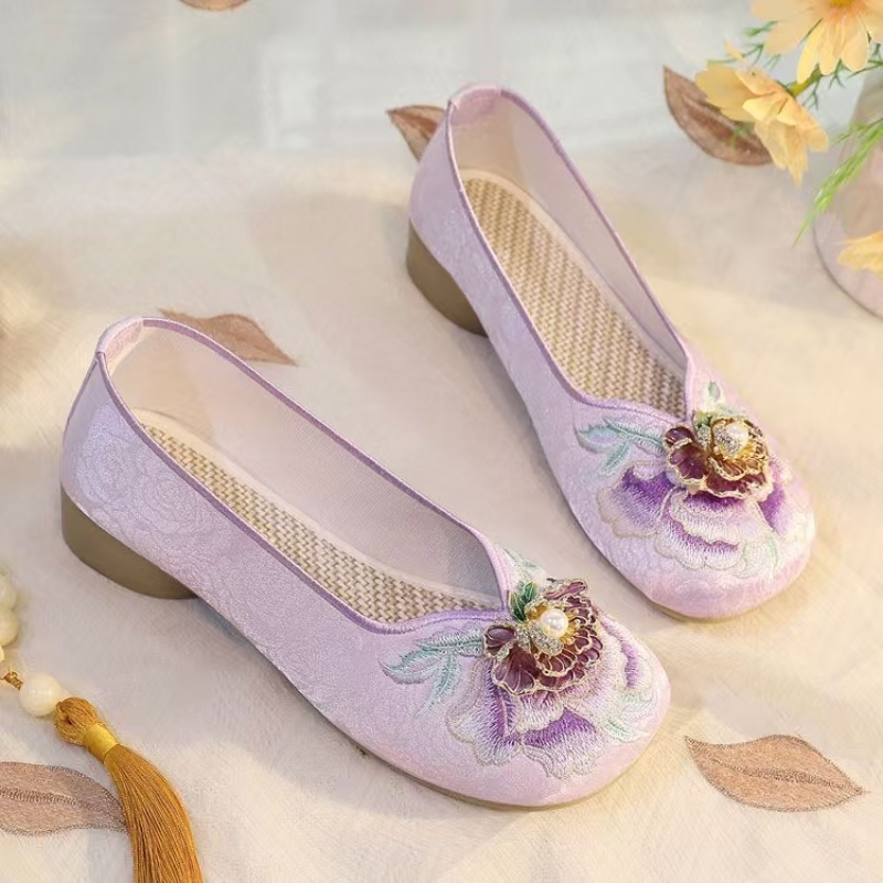 Embroidery Fabric - Damen-Schuhe mit niedrigem Absatz, bestickte Stoffschuhe,