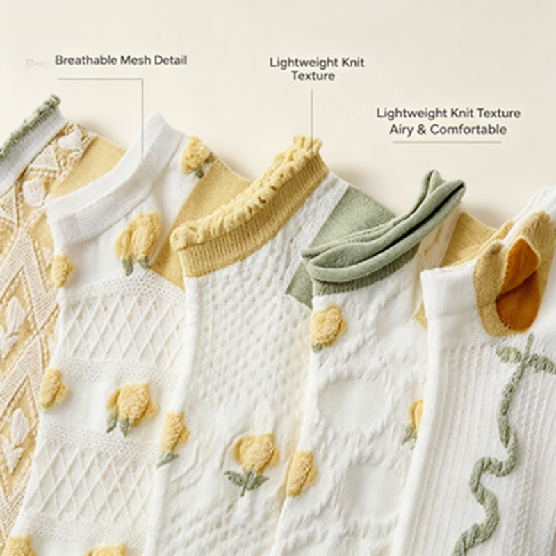 Damen 5 Paar Rüschensocken Atm – Embroidery Yellow Flower Bewertung und Preis